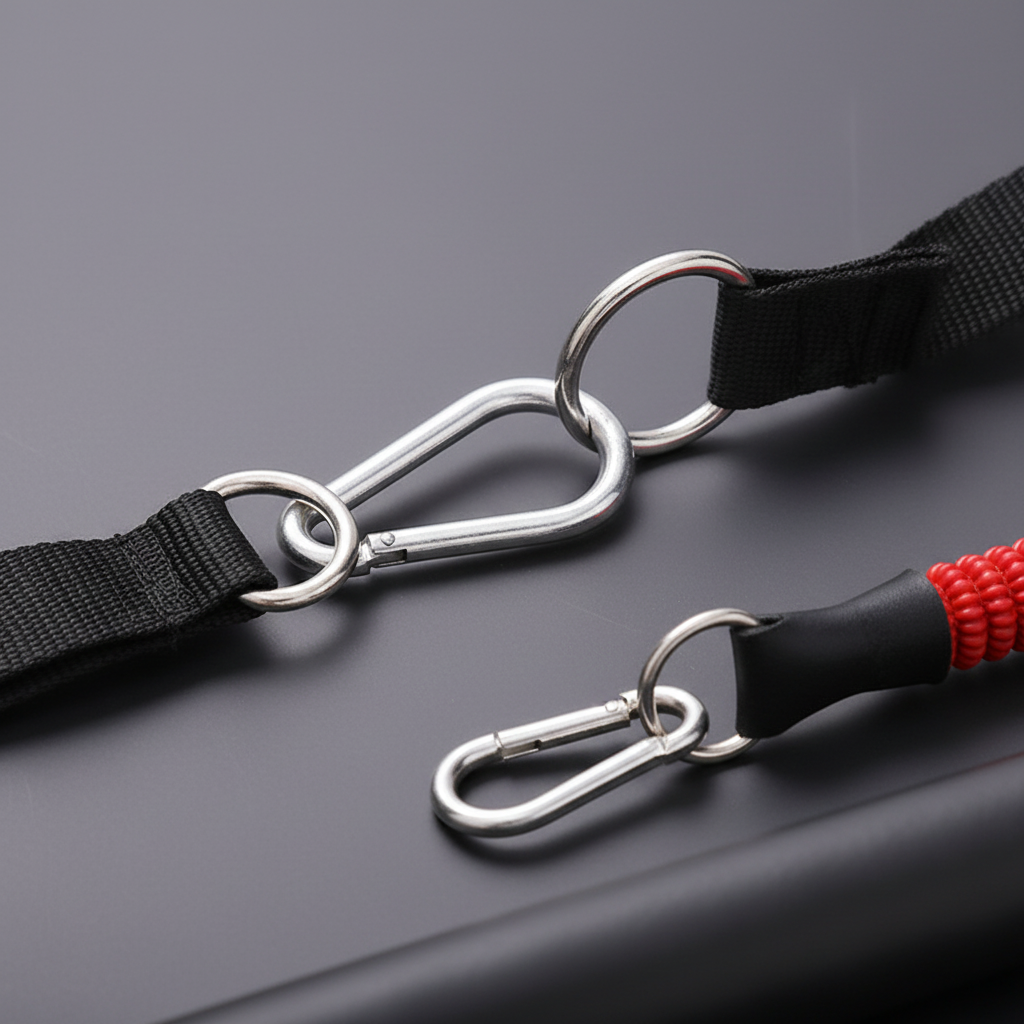 Close-up of metal clips and carabiners