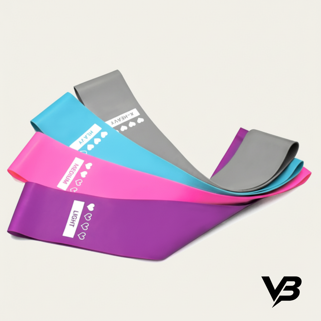 Resistance bands with VB logo on grey background